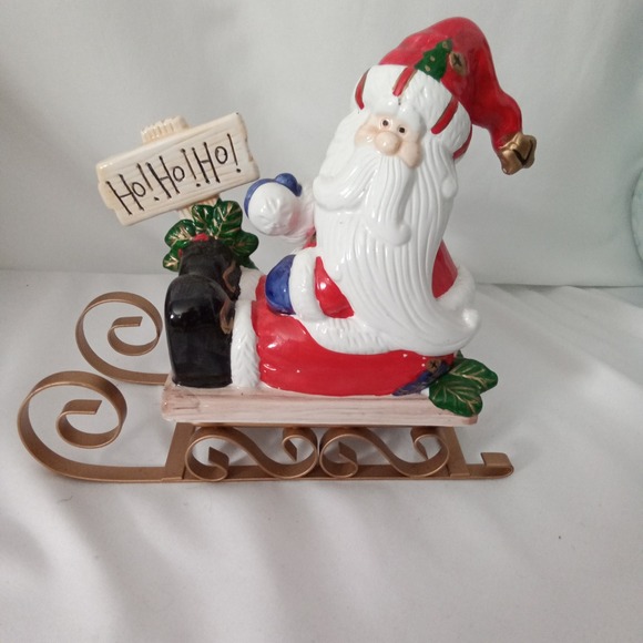 Other - Vintage Style Ceramic Santa Claus on Gold Metal Sled Figurine Ho Ho Ho Sign 8in